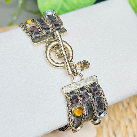 LUCKY Brand Multi Strand Tigers Eye Brown Suede & Brass Tone Chain Bracelet - Picture 9 of 11